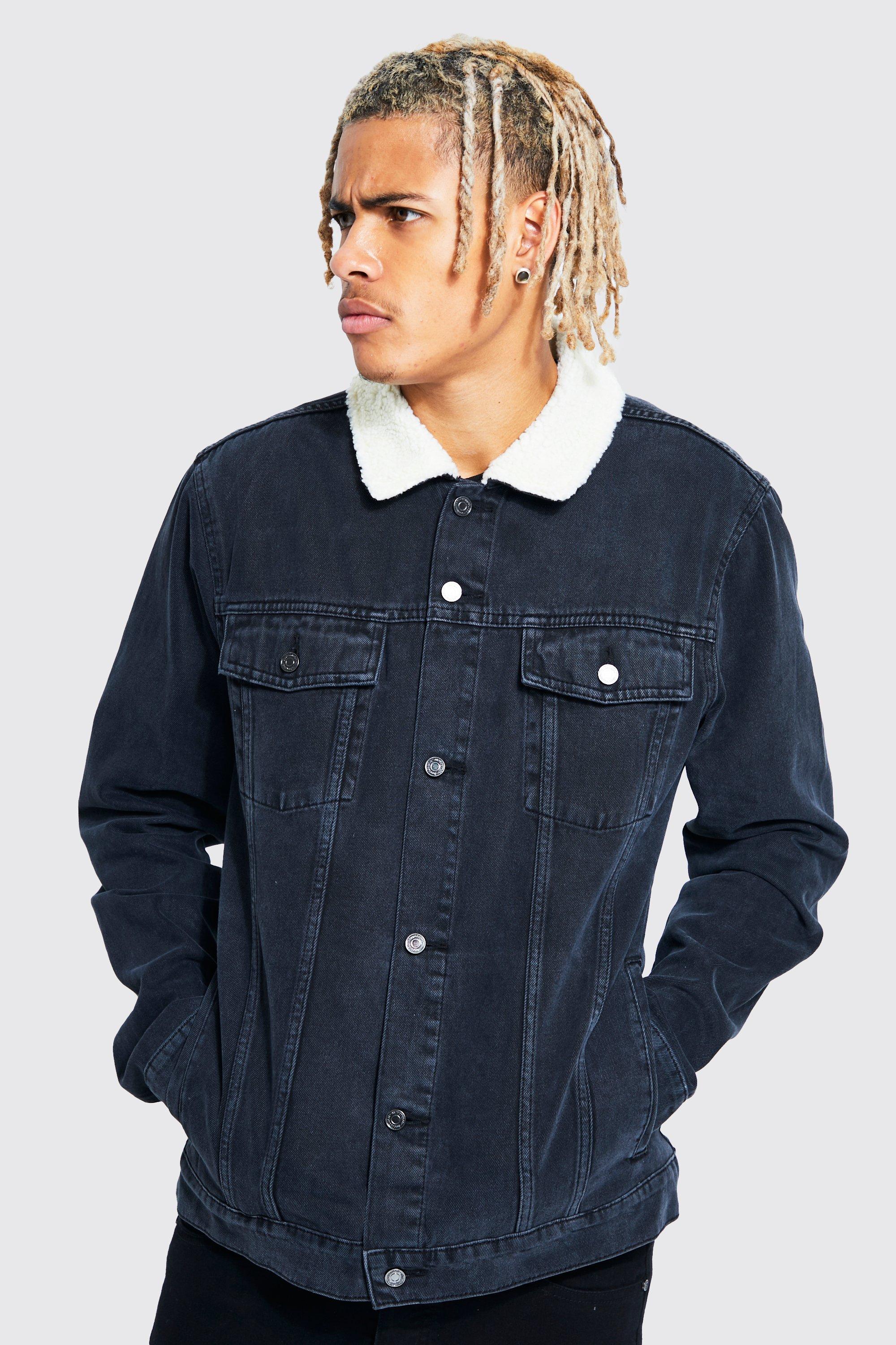 Mens denim clearance jacket borg collar